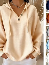 cheap Plain Hoodies-Women's Pullover Hoodie Sweatshirt Buttons Vintage Fashion Casual Long Sleeve Hooded Regular Tops Casual Home Dailywear Light Blue White Navy Blue Orange Beige Fall Winter