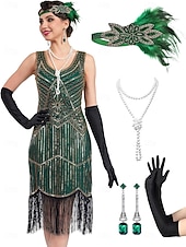 baratos Vestidos dos anos 1920-Conjunto Loucos anos 20 Anos 20 Até os Joelhos Vestidos Vestido melindroso Roupa com acessórios Sem Mangas O Grande Gatsby charleston Paetês Franjas Pena Decote V Fantasia Mulheres Carnaval Ano Novo