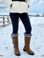 Недорогие Модные сапоги-Женские красные зимние сапоги из искусственной замши - высокие сапоги до колена с отделкой из искусственного меха и пряжкой на ремешке, стильная теплая рождественская обувь для улицы и повседневной