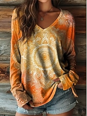 preiswerte Kunst &amp; Design T-Shirt-Neujahr Damen T Shirt Druck Ombre Grafik Vintage Mode Stilvoll Langarm V Ausschnitt Normale Oberteile Täglich Gelb Rosa Rote Orange Gold Sommer Frühling Herbst