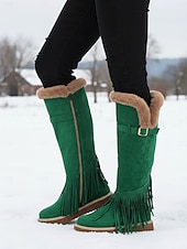 abordables Snow &amp; Winter Boots-Women's Green Fringe Faux Suede Snow Boots with Fur Lining – Stylish Knee-High Winter Boots Footwear for Cold Weather, Snow and Outdoor Adventures