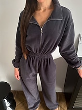 voordelige Romper-Dames Loungewear Rompertjes Modieus Sport Casual Heldere kleur Vetoketju Vakantie Huis Afspraakje Lange mouw Overhemdkraag Zwart Wit Wijn Bruin Donkergrijs Lente Herfst Winter Getailleerd
