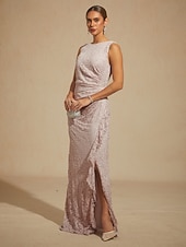abordables Robe de cocktail-Robe longue fourreau élégante pour femme, idéale pour un mariage, une soirée ou une invitée. Coupe classique, ornée de sequins, de dentelle et de volants, fendue, unie, sans manches, col bateau, rose