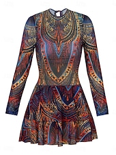 رخيصةأون مايوه قطعة واحدة-بيكيني نسائي قطعة واحدة ملابس السباحة مع تنورة فستان بوهيمي للتحكم في البطن خصر عالي أنيق بلا ظهر إجازة ملابس الشاطئ رسومات هندسية عنق دائري بلا أكمام وأكمام طويلة