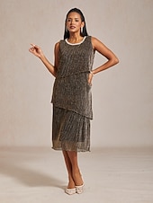  Dámské Midi šaty Úpletové šaty Plisované šaty Halterové šaty Elegantní Večírek Formální Párty Svatební host Koktejlový večírek Korálky Vícevrstvé Kov Běžný Pevná barva Bez rukávů Tričkový Hnědá