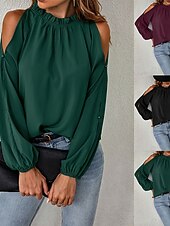 Недорогие Нарядные блузки-Жен. Блуза Рюши Оборки Полотняное плетение Элегантный стиль Винтаж Стиль Длинный рукав Вырез под горло Обычные топы Повседневные Праздники На выход Черный Винный Зеленый Осень Зима