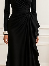 cheap Sheath Evening Dresses-Sheath Column Floor Length Evening Gown Ball Gown Formal Dress Elegant Silky Long Sleeve High Neck Wedding Formal Pocket Satin with Pleats Ruffles