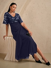  Damen Maxikleid Kleider mit Empire-Taille Elegant Flattrige Ärmel Abendgesellschaft Pailletten Spitze Netz Normale Passform Blumen Halbarm V Ausschnitt Marineblau