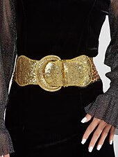 baratos Cinto Feminino-Cinto feminino elástico em couro sintético com lantejoulas douradas brilhantes, perfeito para festas de Natal e outras ocasiões especiais.