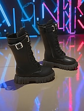 tanie Kozaki dziecięce-Buty dla dzieci w stylu koreańskiej gwiazdy popu inspirowane idolką - białe skórzane buty bojowe z paskiem na klamrę, idealne na występy, imprezy i do modnych stylizacji