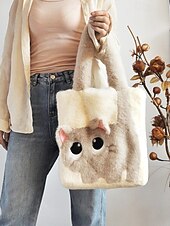 tanie Torby i torebki-damska pluszowa torba typu tote z motywem kociej buzi, dostępna w wielu kolorach, z miękkiego futerka, o uroczym i zabawnym designie, idealna na niezobowiązujące wyjścia i jako prezent