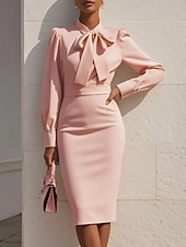 economico Vestito Semplice-Per donna Abito Midi Abito aderente Abiti semi formali Ufficio Taglia piccola Semplice Manica Lunga Colletto a Camicia Rosa Blu Albicocca Autunno Inverno