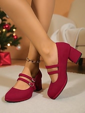 cheap 1950s Retro-Women's 1950s Vintage Red Mary Jane Pumps with Double Straps – Comfortable Block Heels for Christmas, Holiday Parties and Office Wear