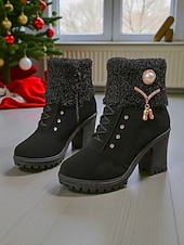 baratos Botas de neve e inverno-Botas femininas marrons de cano curto com salto alto – botas de inverno de couro sintético com cadarço, punhos de tricô e detalhes em pérola, perfeitas para o Natal e looks do dia a dia.
