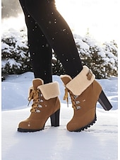 Χαμηλού Κόστους Χερευτές και χειμερινές μπότες-γυναικείες χειμερινές ψηλοτάκουνες μπότες από faux σουέτ – μπότες με κορδόνια με γούνα και χοντρό τακούνι για χιόνι και κρύο καιρό