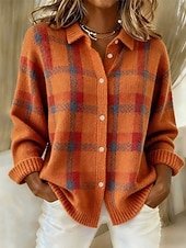 Недорогие свитшоты-Жен. Вязаная ткань Кардиган Элегантный стиль Мода Уличный стиль Сплошной цвет В клетку Рубашечный воротник Пэчворк Пуговицы Трикотаж Длинный рукав Обычные топы Вязать