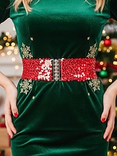 Χαμηλού Κόστους Γυναικεία ζώνη-Γυναικεία χριστουγεννιάτικη ζώνη με γκλίτερ και ελαστικές πούλιες, ελαστική και άνετη, διαθέσιμη σε πολλά χρώματα – τέλειο αξεσουάρ για τις γιορτές