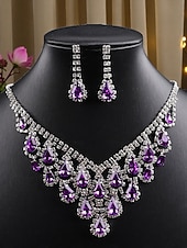 abordables Collier pour femme-Ensemble collier et boucles d'oreilles pendantes en argent plaqué violet pour femme - bijoux de mariée élégants en cristal pour mariages, bals de fin d'année et soirées habillées