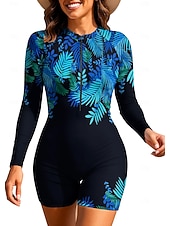 お買い得  ワンピースラッシュガード-女性用 ラッシュガード ワンピースサーフィンスーツ 水着 フラワー トロピカル風 カラーブロッキング ジッパーを閉める 内蔵ブラ付き 取り外し式パッド UVサンプロテクション UPF50+ 超軽量(UL) 長袖 スイムウェア ラッシュガード サーフィン ビーチ ウォータースポーツ 夏