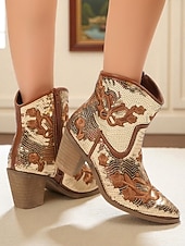 Недорогие Ковбой и западные ботинки-женские ботильоны в стиле вестерн с золотыми пайетками и цветочной вышивкой – удобный блочный каблук для вечеринок, фестивалей и повседневной носки