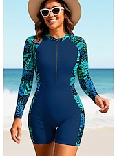 Недорогие Рашгард One Pieces-Жен. Стандартный Рашгард Цельный костюм для серфинга Купальный костюм Цветочный принт тропический Блокировка цвета Застегнуться со встроенным бюстгальтером Съёмные вставки УФ-защита от солнца UPF50