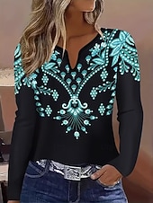 economico T-shirt Boho-Per donna Maglietta Stampato Grafico Piante Vintage Elegante Classico Manica Lunga Scollo a V Collo a V Top Regolari Quotidiano Blu Nero Primavera Autunno