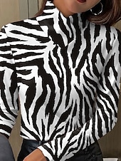 お買い得  ストライプ＆ジオメトリックTシャツ-女性用 Tシャツ プリント グラフィック 幾何学模様 ゼブラ柄 エレガント ヴィンテージ スタイリッシュ 長袖 タートルネック ハイネック レギュラートップス 日常 ブラック グリーン ベージュ 春 秋 冬