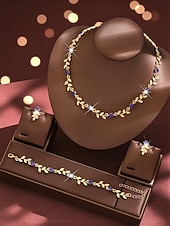 billige Halskjede for kvinner-kvinners gullblad &amp;rødt krystallsmykkesett - delikat halskjede, dråpeøreringer &amp;matchende armbånd, romantisk blomstertilbehør til fester, bryllup &amp;spesielle arrangementer