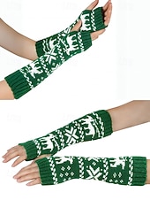 billiga Damhandskar-Stickade fingerlösa julvantar för kvinnor, röda och vita Fair Isle-renmönster, julvantar för vinterfester och festliga evenemang