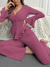abordables Vêtements de nuit pour femmes-Femmes Ensemble Pyjama Occasionnel Confort Couleur Unie Taille Élastique Pantalon Maison Quotidien manche longue Col en V Noir Vin Fuchsia Gris Printemps Automne Hiver Coupe régulière