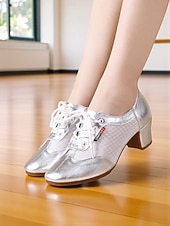baratos Ténis de Dança-Sapatos de dança de salão femininos prateados com cadarço - sapatos confortáveis de salto baixo para prática de dança latina, salsa, tango e apresentações de palco.