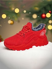 tanie Trampki damskie-Damskie czerwone trampki z podszewką z polaru - ciepłe, dzianinowe buty codzienne z antypoślizgową podeszwą, wygodne obuwie świąteczne na zimowe spacery i podróże