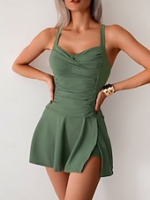 billiga Badessor-Kvinna Tankini 2-delad baddräkt Rynkad med Kjol Briefs Slim Baklöst Elegant Semester Enfärgad V-hals Ärmlös Baddräkter