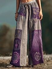  Per donna Gamba larga Chinos Vacanza Vintage Stile Etnico Lunghezza intera Vita Alta Coulisse Patchwork Stampa Inelastico Vacanza Formale Streetwear Blu Viola Grigio Verde Estate Primavera Autunno