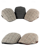 זול כובעי גברים-כובע שטוח וינטג' לגברים מפוליאסטר, עיצוב משובץ, זמין במגוון צבעים, כובע קז'ואל ואופנתי לסתיו ולחורף