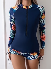 Недорогие Танкини-Женский танкини из 2 предметов купальник с молнией спереди пальмы шорты контроль живота высокая талия узкий спина без бретелек пляжная одежда цветочный листья высокий вырез длинные рукава