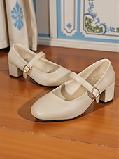 abordables Retro de los años 50-Women's Almond Mary Jane Heels with Chunky Block Heel and Ankle Strap, 1950s Classic and Elegant Style, Perfect for Work, Tea Parties and Daily  Outings