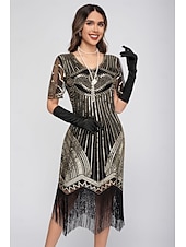 preiswerte 1920er Kleider-Goldene Zwanziger 1920er Knielang Flapper Kleid Kurze Ärmel Der große Gatsby Pailletten Fransen V Ausschnitt Kostüm Damen Weihnachten Karneval Flüsterkneipe Maskerade Retro-Mottoparty Erwachsene