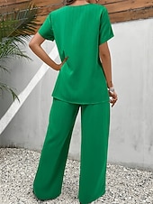 Недорогие Женские блузки-костюмы-Жен. Футболка Комплекты брюк Болеро Топ С короткими рукавами Вырез под горло Круглый вырез Сплошной цвет Мода Уличный стиль Повседневные на открытом воздухе Отпуск Красный Темно синий Зеленый Лето