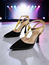 levne Slingback lodičky-Dámské černo-zlaté lakované kožené lodičky na vysokém podpatku - sexy špičaté boty s páskem do T do nočního klubu, na koktejlové a večerní akce