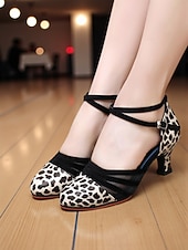 economico Scarpe per balli latini-Scarpe da ballo latino professionali da donna con stampa leopardata - tacchi da sala da ballo con cinturini in pelle scamosciata e rete per salsa, tango e gare di performance