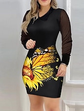 abordables Robes fleuries-Femmes Mini Robe Robe fourreau Occasionnel Extérieur Sortir Coupe Slim Fleuri Tournesol manche longue Col en V Jaune / Noir Noir Jaune Printemps Automne