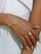 Χαμηλού Κόστους Γυναικείο βραχιόλι-Γυναικείο βραχιόλι με αλυσίδα σε σχήμα καρδιάς και χρυσό στρας - κομψός συνδυασμός βραχιολιών με κρυστάλλινο δαχτυλίδι για πάρτι, γάμους και βραδινές περιστάσεις