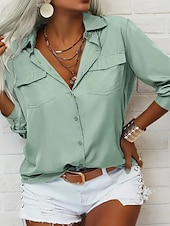 baratos Blusas Simples-Mulheres Blusa Tops elegantes Franzido Bolsos Botões Côr Sólida Tecido Elegante Vintage senhoras Manga Longa Colarinho de Camisa Tops regulares Diário Trabalho Feriado Verde Preto Rosa Verde Tropa