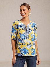 levne košile, topy a halenky-viskózový top s kulatým výstřihem a uměleckým květinovým potiskem na dovolenou