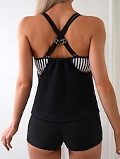 رخيصةأون مايوهات تانكيني-بدلة سباحة نسائية تانكيني قطعتين شورتات تحكم في البطن عالية الخصر نحيف بدون ظهر ملابس شاطئ إجازة مزينة بخطوط برقبة على شكل حرف U بدون أكمام