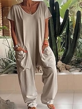 levne Overal pro plnoštíhlé-Dámské Běžný Kombinéza Elegantní Pevná barva Krátký rukáv Rovné Do V Slátanina Kapsy Dovolená Domů Běžný Vodní modrá Bílá Žlutá Léto