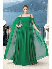 voordelige Vloerlengte-A-lijn Tot de grond Bruiloft gast jurk Formele jurk Avondjurk Moeder van de bruid jurk Lange mouw Schouderafhangend Elegant Eenvoudig Formeel Chiffon met Plooien