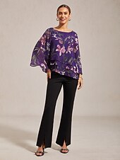 economico camicie, top e camicette-camicetta da donna in chiffon trasparente viola scuro con stampa floreale, mezza manica, orlo a strati, scollo rotondo, pullover