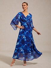 billiga Designklänningar och jumpsuits-abstrakt blommig v-ringad maxiklänning med knut framtill och utsvängda ärmar